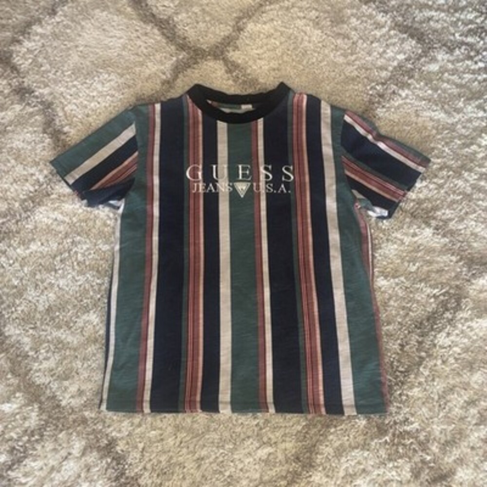 Vintage Guess T Shirt Mens Small Multicolor 90s Vertical Striped Short Sleeve